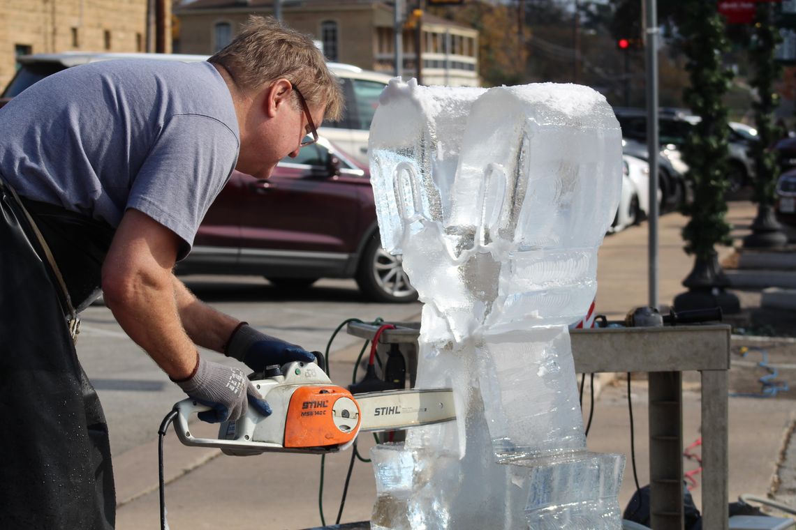 Ice sculptors display their talents live and also provide instruction in the Old Oak Square in Marble Falls every year for the holiday season.