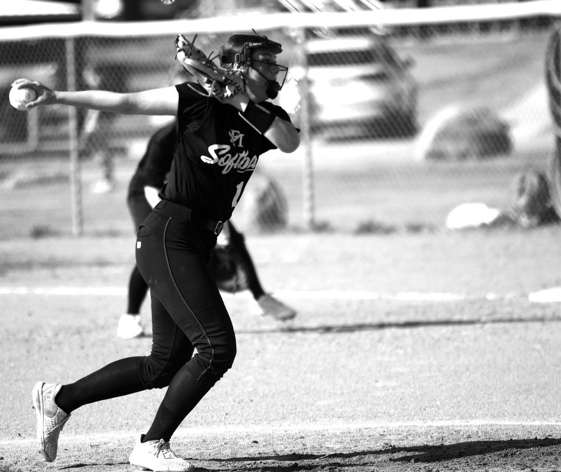 Photos by Jennifer Fierro/TexasChalkTalk. com Pitcher Cal - lie Phillips performs well in the circle as the pitcher and behind the plate as the catcher.