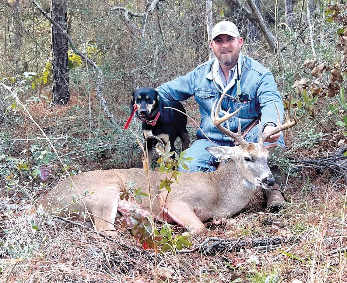 Veteran handler Jeff Glende and his hound/cur "Dago." Glende says hunters should be observant and share all the little details about the shot with the tracker beforehand. Contributed photo/Jeff Glende