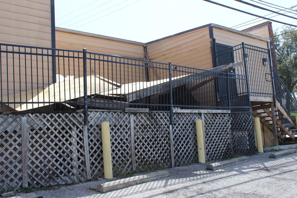 Wind damaged the patio roof of a business in downtown Marble Falls at Avenue J and Third Street March 4 as wind gusts reportedly topped 40 mph.